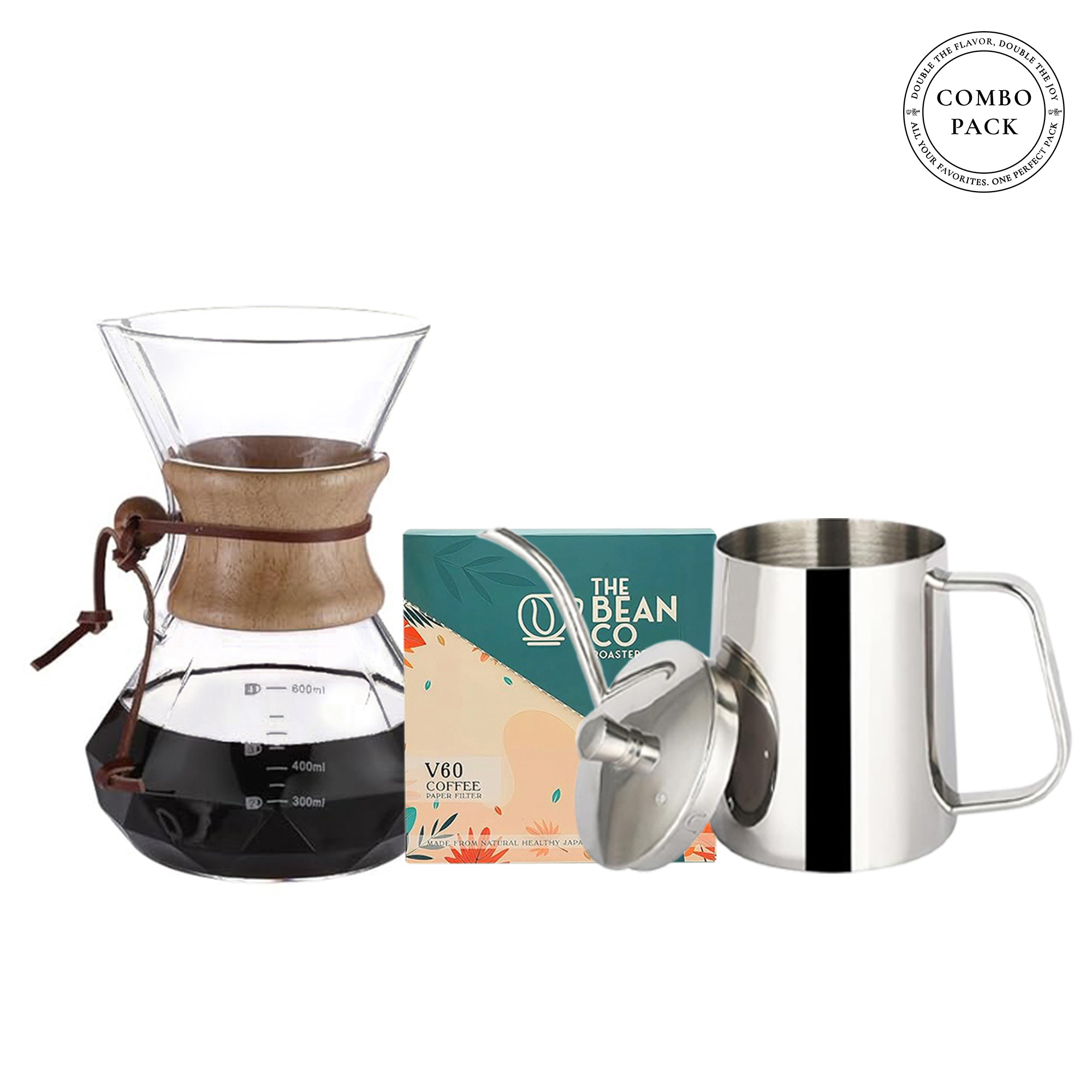 Barista-Style Glass Pour Over Coffee Combo with 600ml Chemex Style Pour Over, Gooseneck Pot and 50 pcs V60 Paper Filters (Size 01)